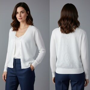 Lauren Ralph Lauren LINEN Blend Floral Embroidered Cutout Cardigan Sz L White